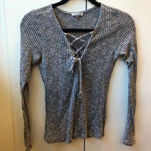 Lace-Up Ribbed Grey Top